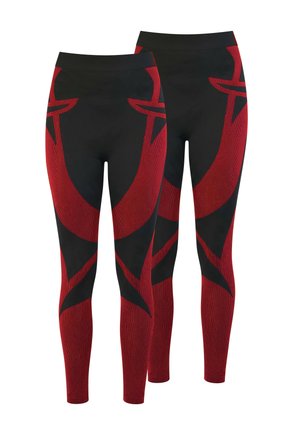 Schwarze und rote Sportleggings mit passgenauer Silhouette. Mit diagonal verlaufenden Streifen und einem strukturierten Muster, gefertigt aus dehnbarem Material.