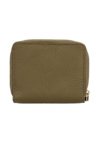 Žalias odinis piniginė su tekstūruota apdaila, stačiakampė forma, auksinė užtrauktuko uždarymo sistema ir subtilūs siuvimo detalės.