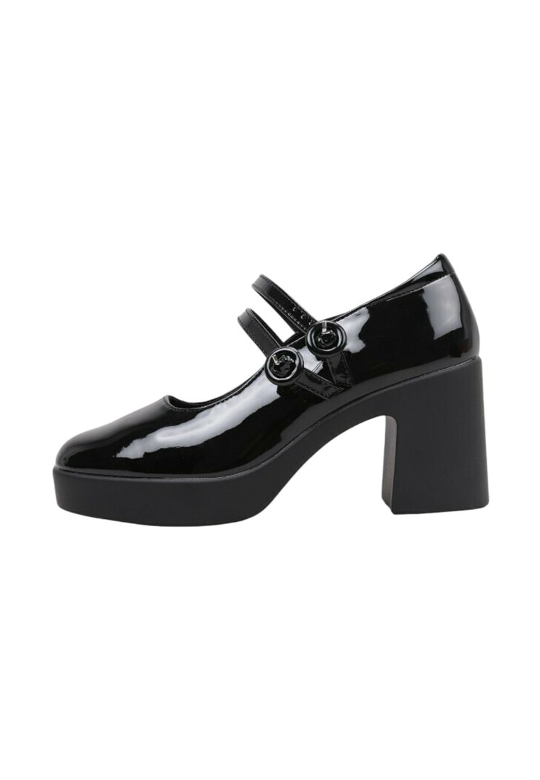 Zapatos Mary Jane de charol negro con dos correas de hebilla, punta redondeada y tacón cuadrado grueso. Acabado suave y detalles mínimos.