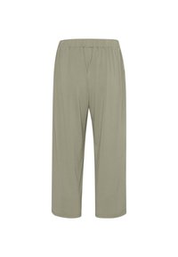 Licht olijfgroen cropped broek met een elastische tailleband, zachte stof en een recht model. Simpele constructie zonder extra details.