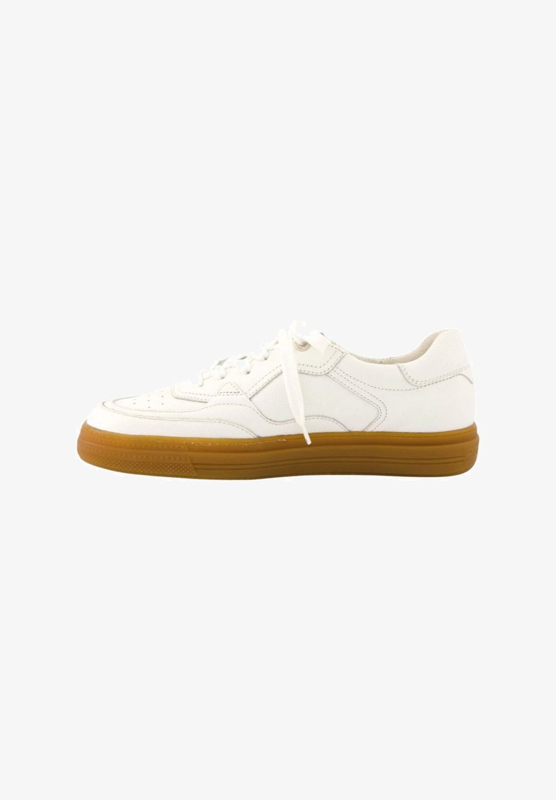 White sneaker with a smooth leather upper, rounded toe, and perforations. Features a rubber gum sole and flat laces. Side panel design visible.