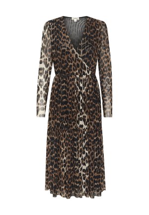 Wrap dress in leopard print featuring long sleeves, V-neckline, and tiered skirt. Made of lightweight fabric with varying brown and black tones.