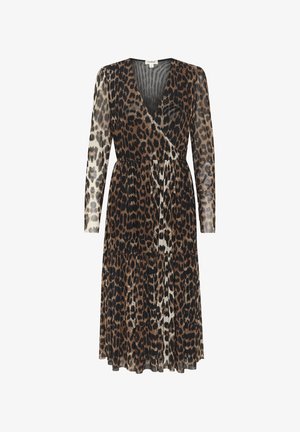 Wrap dress in leopard print featuring long sleeves, V-neckline, and tiered skirt. Made of lightweight fabric with varying brown and black tones.