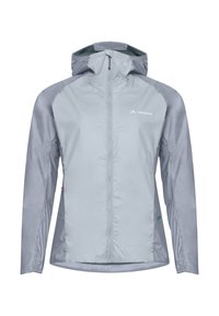 Hellgraue, leichte Jacke mit vorne durchgehendem Reißverschluss, verstellbarer Kapuze und elastischen Bündchen. Verfügt über ein weiches Innenfutter und ein Markenlogo auf der Brust.
