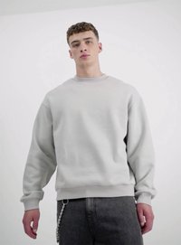 Hellgrauer Sweatshirt mit Rundhalsausschnitt, gerippten Bündchen und Saum. Es hat lange Ärmel und eine glatte Textur und wird mit dunkelgrauen Jeans getragen.