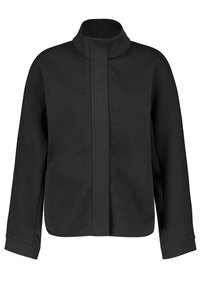 Czarna kurtka z wysokim kołnierzem, długimi rękawami i luźnym krojem. Gładki materiał i minimalistyczny design bez widocznych zapięć.