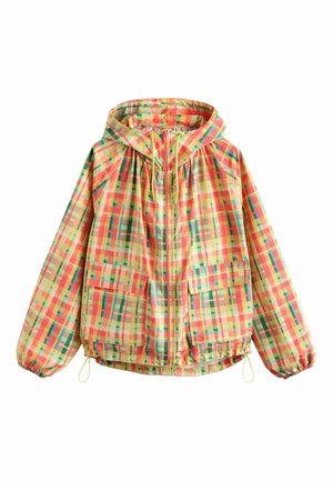 Bunda s kapucňou s viacznačným žltým, oranžovým a zeleným kockovaným vzorom, predný zips, dve náprsné vrecká s klopami, elastické manžety a sťahovacie šnúrky na kapucni a na leme.