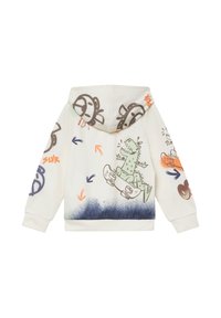 Młodzieżowa bluza z kapturem w kolorze cream z kolorowymi grafikami, w tym dinozaur na desce do jazdy oraz abstrakcyjne strzały w żywych kolorach.