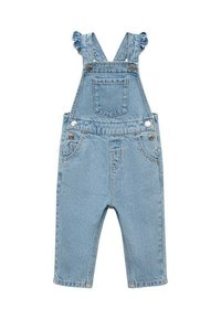 Jeans salopete v svetlo modri barvi z nabranimi naramnicami, sprednjim žepom in dvema stranskima žepoma. Imajo srebrno strojno opremo in ravne hlačnice.