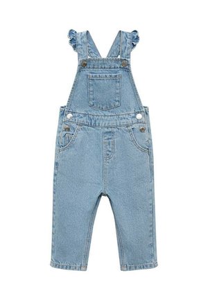 Salopette in denim azzurro chiaro con spalline arricciate, tasca frontale e due tasche laterali. Presenta dettagli in metallo argentato e un design a gamba dritta.
