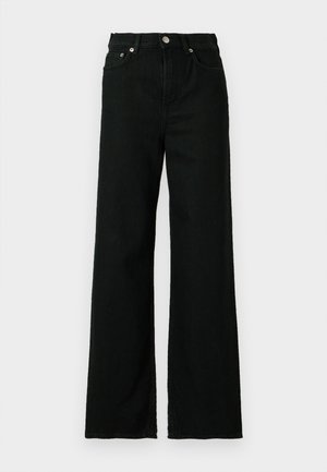 Sorte denim jeans med høj talje, bred benåbning, med knap- og lynlås lukning foran samt klassisk fem-lomme design.