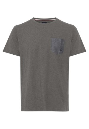 Gray cotton t-shirt with a round neckline and short sleeves. Features a textured dark blue pocket on the left side.