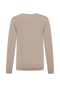 Beige gebreide trui met lange mouwen, geribbelde kraag en boorden, en een gladde, gelijkmatige textuur, waarbij de achterkant zichtbaar is.