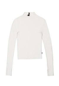 Long-sleeve, high-neck top in cream. Made of smooth, stretchy fabric with seam detailing and side slits at the hem. Tag at the neck.