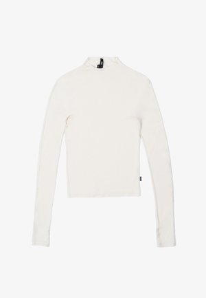 Long-sleeve, high-neck top in cream. Made of smooth, stretchy fabric with seam detailing and side slits at the hem. Tag at the neck.