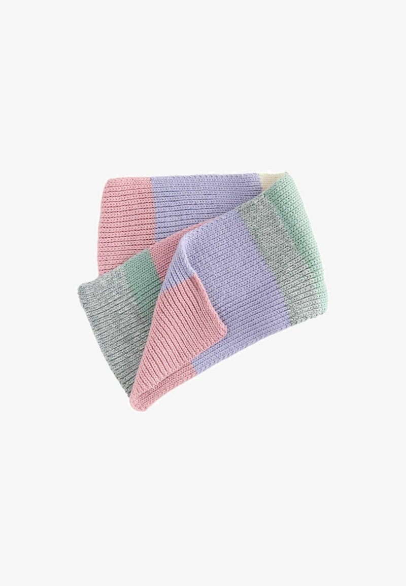 Sciarpa lavorata a maglia con strisce alternate di rosa, lavanda, verde e grigio. Tessuto testurizzato con bordi a costine.
