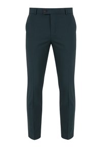 Dopasowane ciemnozielone spodnie o gładkiej teksturze, z zapięciem na guzik, przednimi kieszeniami oraz slim fit.