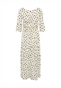 Robe midi crème à pois noirs, taille froncée et manches aux coudes.