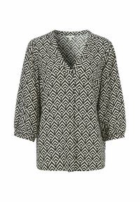 Schwarz-weiße Bluse mit Blätter Muster, V-Ausschnitt, Dreiviertelärmel, Knopfverschluss und leichtem, strukturiertem Stoff.
