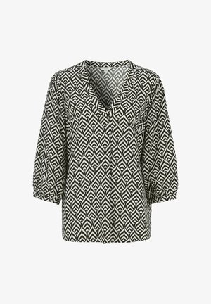 Zwart-witte blouse met een bladerenpatroon, v-hals, driekwartmouwen, knoopsluiting en lichtgewicht, gestructureerde stof.