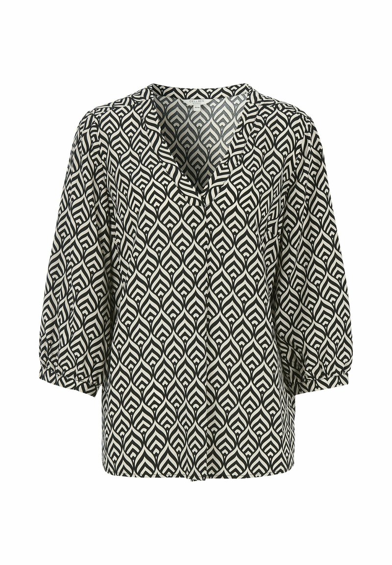 Schwarz-weiße Bluse mit Blätter Muster, V-Ausschnitt, Dreiviertelärmel, Knopfverschluss und leichtem, strukturiertem Stoff.