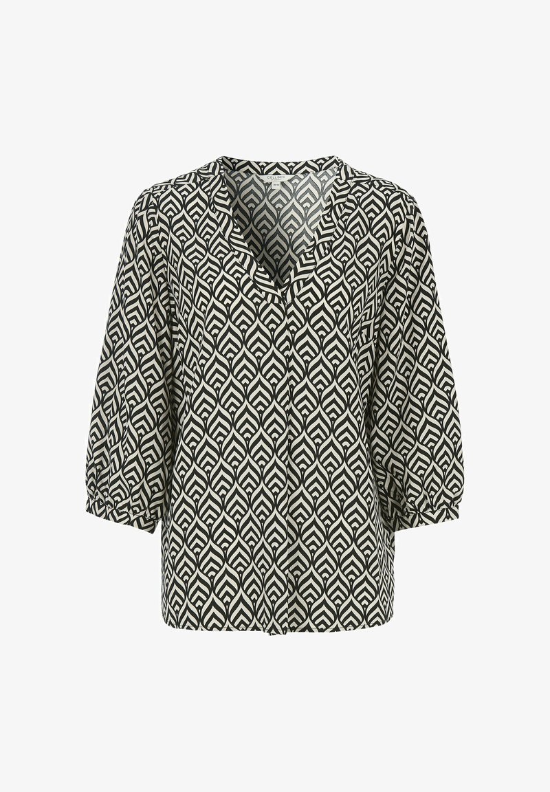 Sort og hvid bluse med bladmønster, v-hals, trekvartærmer, knaplukning og let, tekstureret stof.