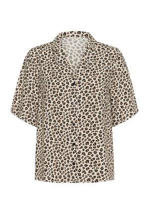 Leopardmönstrad kortärmad skjorta i beige, med slagkrage, knappstängning och ett lätt tyg med en slät yta.