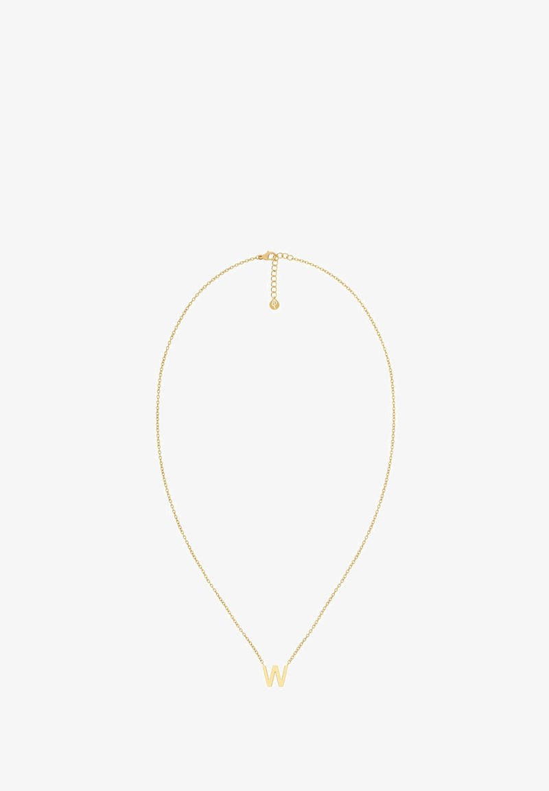 Kuldsed kaelaketid õhukese ketiga ja keskel asuva "W" ripatsiga, millel on minimalistlik disain ja peen poleeritud viimistlus.