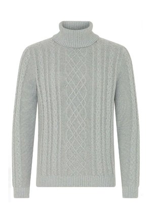 Pull en tricot gris clair avec un col montant, présentant un design en câble texturé, des poignets côtelés et un ourlet. Texture lisse avec des motifs détaillés.