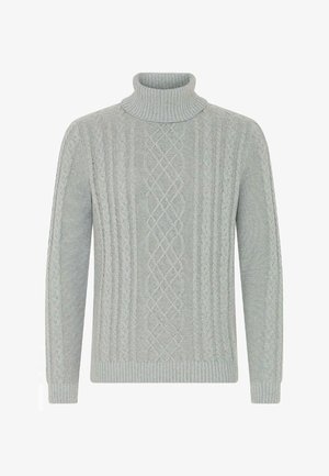 Svetlo sivi pleteni pulover z visokim ovratnikom, ki ima strukturirano pletenje, rebraste manšete in rob. Gladka tekstura z podrobnimi vzorci.