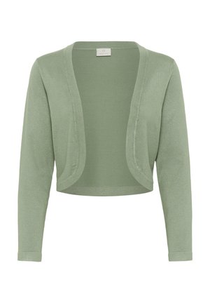 Grüner kurz geschnittener Cardigan aus weichem Strickstoff. Offen gestaltetes Vorderteil mit langen Ärmeln und ohne Verschlüsse. Glatte Textur mit subtilen Glanzeffekten.