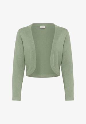 Cardigan court vert en tissu maille douce. Design ouvert à l'avant avec manches longues et sans fermetures. Texture lisse avec un léger éclat.