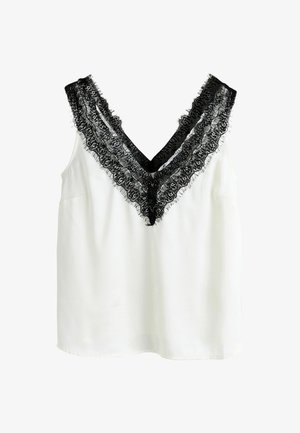 Bílý bezrukávový top s hlubokým véčkovým výstřihem a černou krajkovou lemovkou. Hladká textura se dvěma postranními kapsami, minimalistický design a čisté okraje.