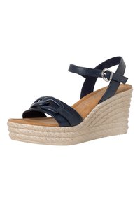 Sandali wedge navy con una suola testurizzata simile a una corda, dotati di una parte superiore liscia, cintura alla caviglia regolabile e dettaglio decorativo con fibbia.