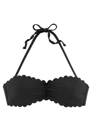 Schwarzer Bikini-Oberteil mit gewelltem Saum, gerafftem Stoff in der Mitte und verstellbaren Bindebändern für einen sicheren Sitz.