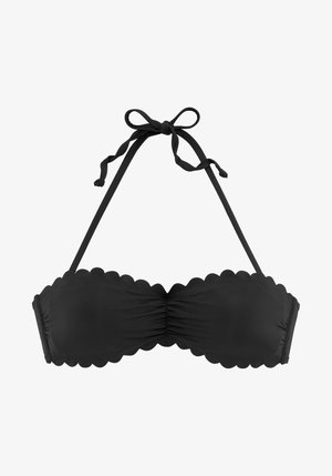 Schwarzer Bikini-Oberteil mit gewelltem Saum, gerafftem Stoff in der Mitte und verstellbaren Bindebändern für einen sicheren Sitz.