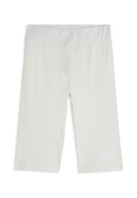 Pantalones cortos de bicicleta blancos con relieve y cintura elástica. Presenta un pequeño logo en relieve en blanco en la parte inferior de la pierna izquierda. Textura suave.