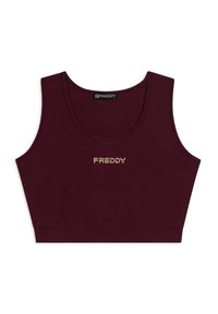Top deportivo corto burdeos con escote redondeado, que presenta un logo dorado de "FREDDY" en el centro. Fabricado con una tela suave y lisa.