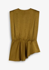 Senfgelbes Peplum-Oberteil aus strukturiertem Stoff mit rundem Halsausschnitt und asymmetrischem Saum sowie Raffungen in der Taille.