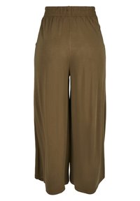 Pantalon ample à jambes larges de couleur vert olive avec une taille élastique, présenté de dos sur un fond blanc.