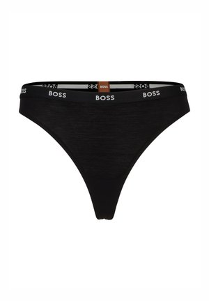 String noir en tissu doux, avec une large taille arborant le logo "BOSS" en blanc et un détail d'étiquette contrastant en marron.