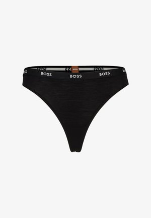 Melnas stringu apakšveļas bikses no mīkstas auduma, ar platau jostu, uz kuras ir balts "BOSS" logos un kontrastējoša brūna birka.