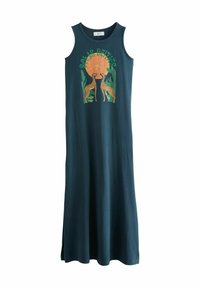 Rochie fără mâneci, până la glezne, din bumbac de culoare teal închis, având un grafic cu două girafe și un soare, cu accente verzi și fante laterale.