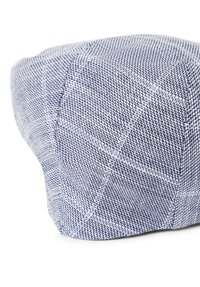 Blue and white checkered cap with a structured design. Made of woven fabric, featuring a textured surface and curved peak.
