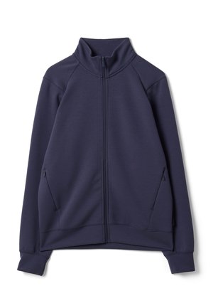 Navy blue zip-up jacket with high collar and two zippered side pockets laid flat on a white background.