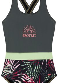 Costume da bagno intero con parte superiore grigia, logo rosa "PROTEST", fascia verde pastello e motivo di foglie tropicali in rosa, verde e nero nella parte inferiore.