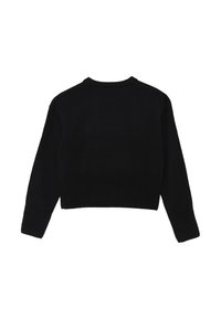Maglione corto nero in maglia a coste con maniche lunghe e scollatura rotonda, caratterizzato da un design semplice e minimalista.