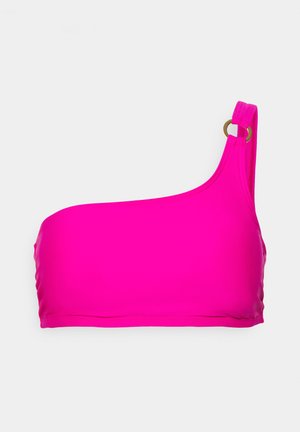 Asymmetrical one-shoulder bikini top in bright pink. Made from smooth fabric with a gold ring detail at the strap. Simple design, no patterns.