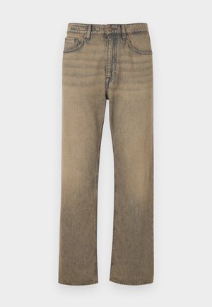Beiga denimjeans med rak bendesign, med två framfickor, knappstängning och synliga sömdetaljer.