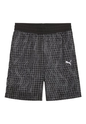 Svarta shorts med ett rutmönster i vitt, elastisk midja och en subtil vågig textur. Logotypdetalj i nedre högra hörnet.